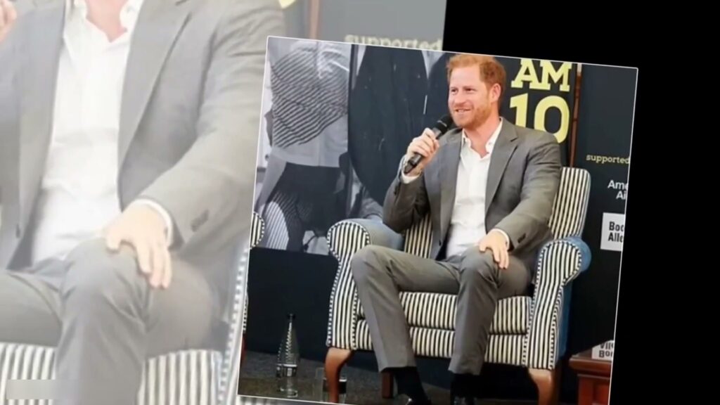 On stage, relaxed in a striped armchair